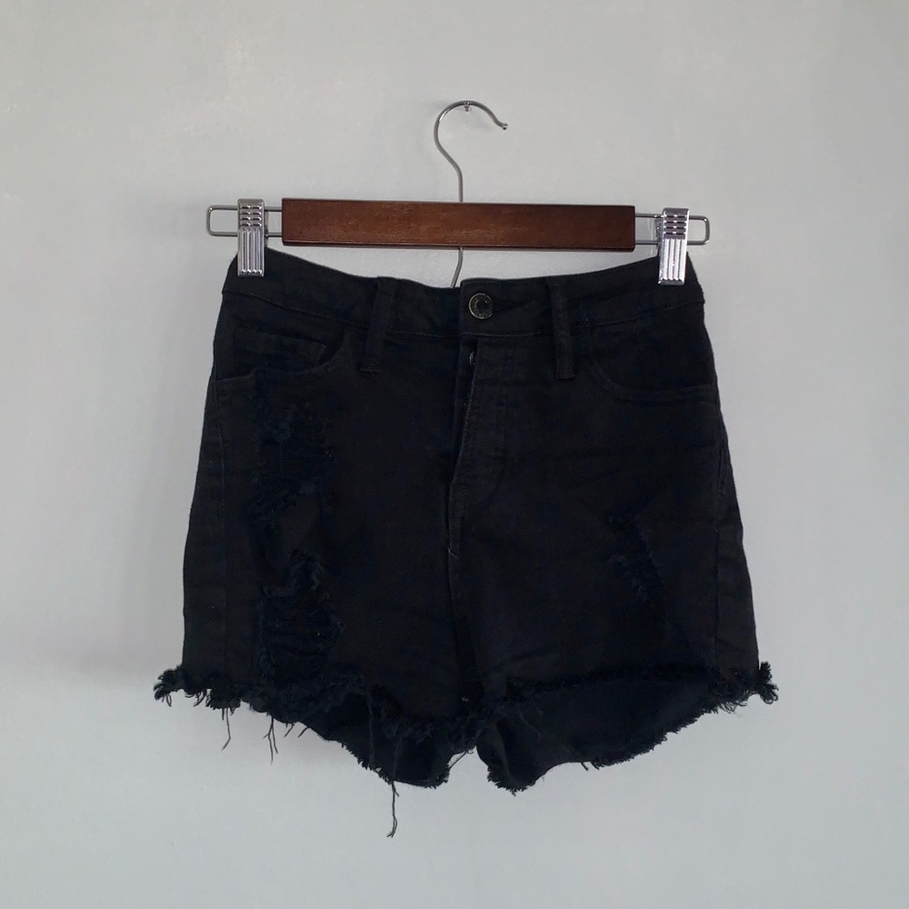 Distressed High-Rise Black Denim Shorts